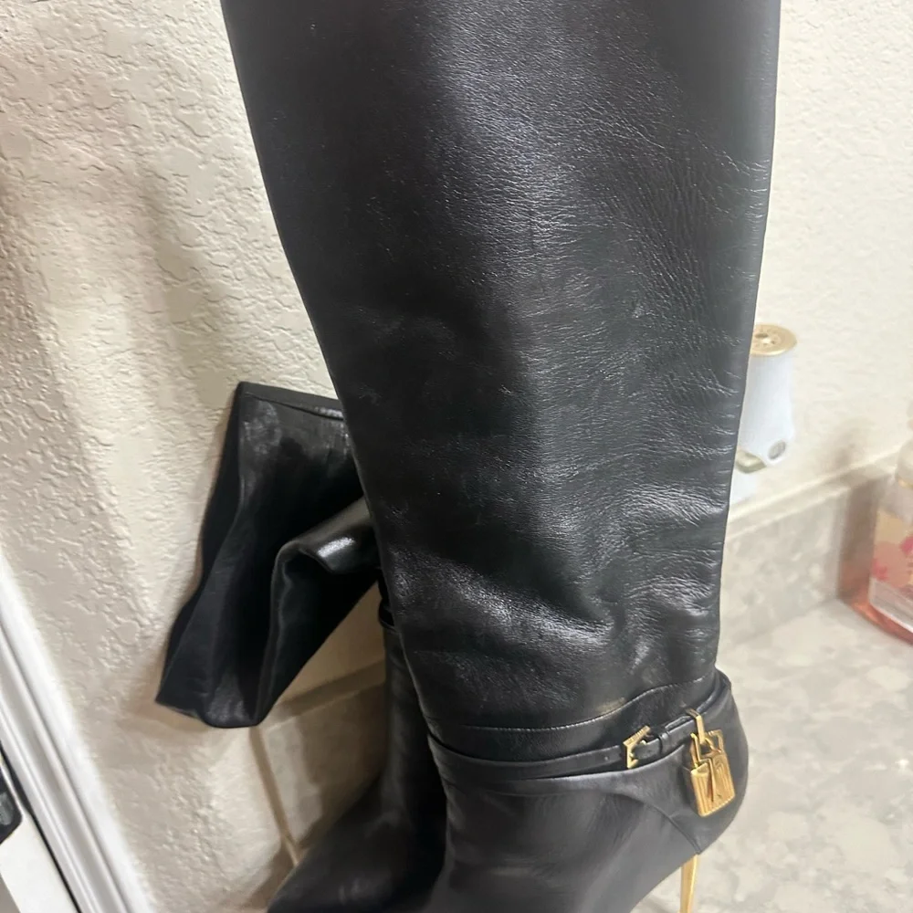Padlock Pointed Toe Knee High Boot (Women) - Picture 7 of 12